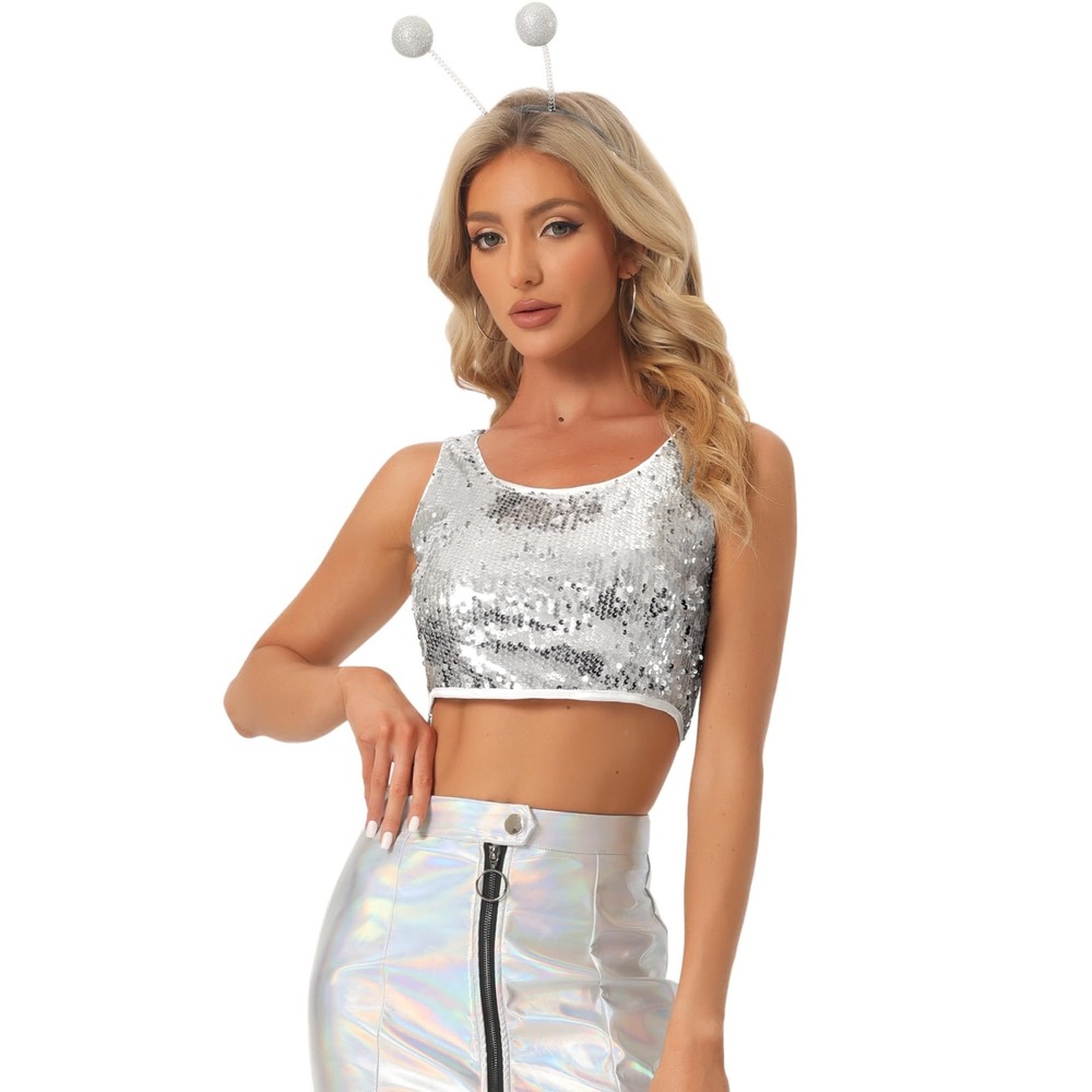 NWT Allegra K Womens Silver Sequin Crop‎ Top Sparkle Tank Party Night Out S